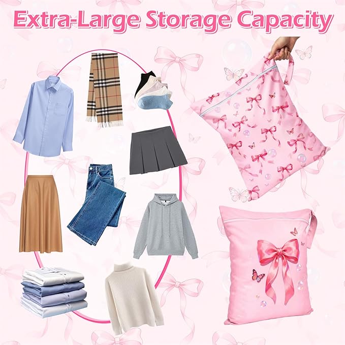 2 Pcs Large Travel Laundry Bags Waterproof Wet Dry Bag, Washable Dirty Clothes Bags for Travel，Drawstring, Bathing Suit, Workout, Gym Clothes Laundry, Swimming Pool & College Dorm, Pink Butterfly Bow