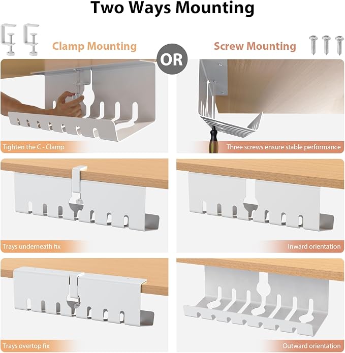 Syeeiex 17" Under Desk Cable Management Tray, No-Drill C-Clamp & Screw Mount, Heavy Duty Metal Cord Organizer with Cable Ties, for Office Home Workspace, White