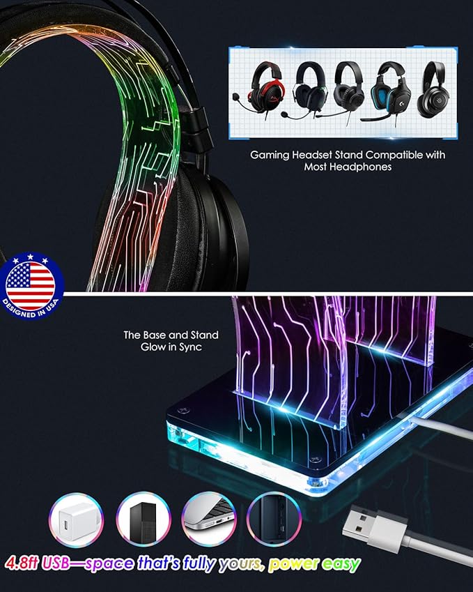 OAPRIRE Acrylic RGB Headphone Stand | Customizable 213 Lighting Modes & 60,000 Colors, Lights Sync with Music Beat, Headset Stand with 4.8ft USB Power Cable & Sturdy Build