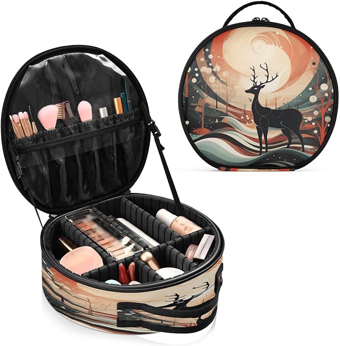 senya Round Cosmetic Pouch Travel Makeup Train Case Christmas Deer Makeup Organizer Bag with Adjustable Dividers Portable for Cosmetics Makeup Brushes Toiletry Jewelry Accessories
