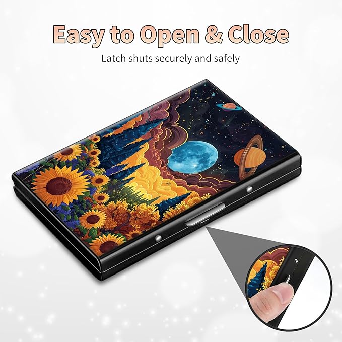 Slim Credit Card Holder, Starry Sunflowers Cosmic Planet RFID Blocking Metal Wallet for Men & Women, Aluminum Minimalist Hard Case Pocket-Sized Business Cards Organizer (Fits Up to 10 Cards)