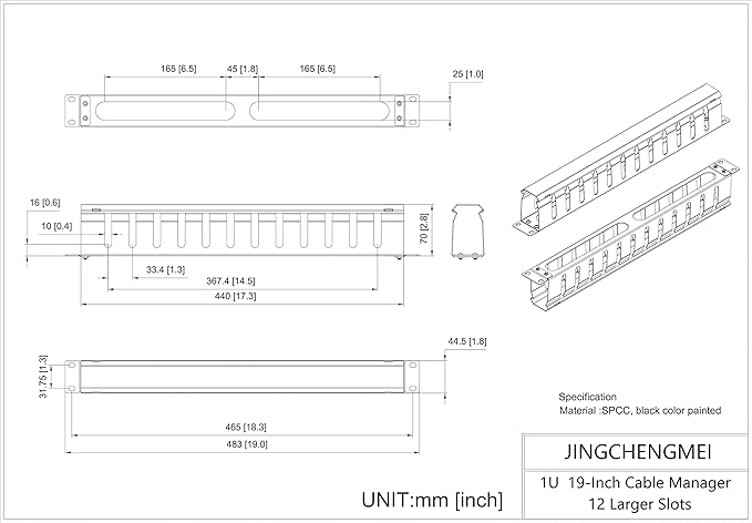 Jingchengmei All Metal 1U 19 Inch Server Rack Wire Management System-Horizontal Rack Mount 12 Larger Slots Cable Manager (AHMMA1U12S, Black)