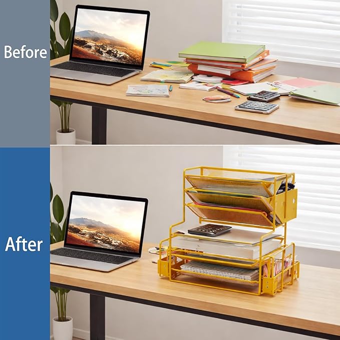 Simple Trending 7 Tier Desk File Organizer, Letter Tray Paper Organizer with Pen Holder and Metal Hanging Basket, Gold