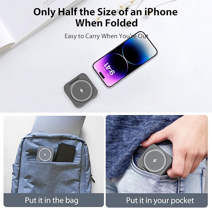 KU XIU Fast Wireless Charger, Magnetic Foldable 3 in 1 Charging Station for iPhone 16/15/14/13/12/Pro/Plus/Pro Max, 5W Portable Charger for Apple Watch9/8/7/6/5/4/3/SE, for Airpods3/2/Pro-Gray