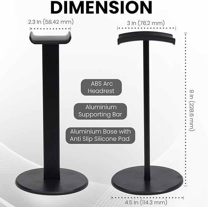 Headphone Stand for Desk, Curved Headset Stand with Aluminum Rod, Abs Solid Base, Gaming Headset Holder for Table Top,Headphone Accessories for Organization and Display (Black)