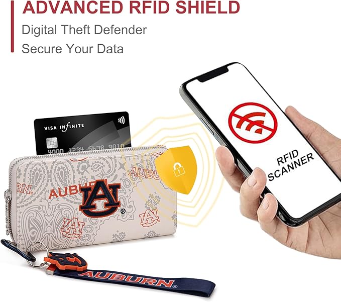 Auburn Organizer Wallet with RFID Blocking Card Slot & Keychain, Auburn Team Logo Wristlet Wallet, Zip Clutch Purse for Gift, Game Day, Travel | Beige, NC-AU011BG