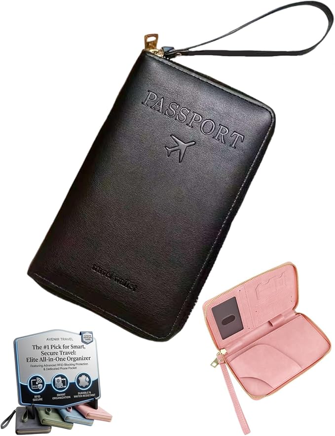 RFID Blocking Wallet for Women Men Cash Travel Passport Holder Family PU Leather Phone Document Organizer Case Cover Pouch with Lanyard Zipper Boarding Pass Id Card Pocket(Black)