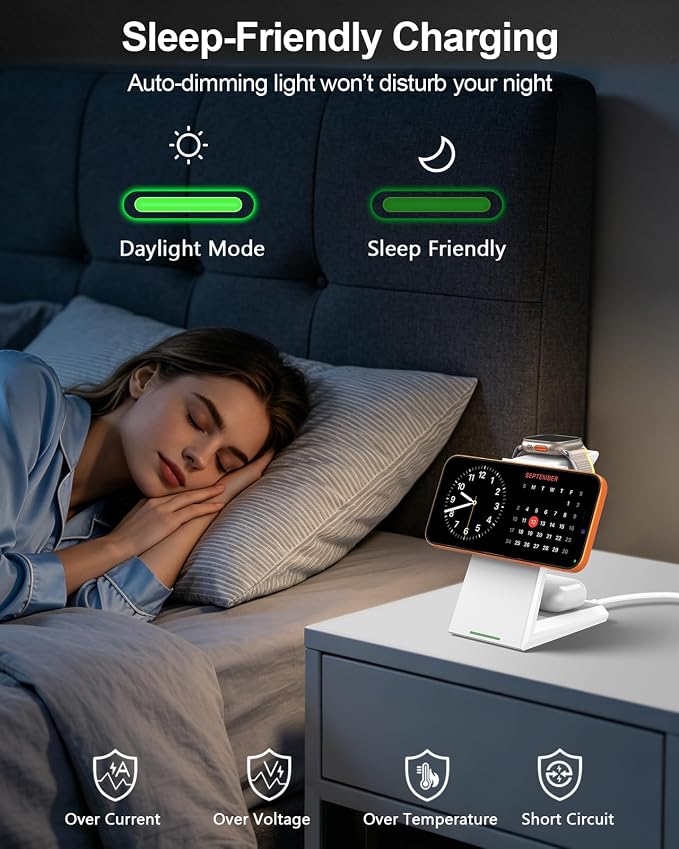 3 in 1 Magnetic Wireless Charging Station - 15W Fast Charging for iPhone 17/16/15/14/13/12, Compatible with MagSafe, for Apple Watch & AirPods, Auto-Dimming Light for Nightstand, Includes 30W Adapter