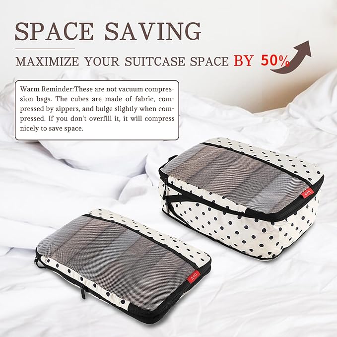 U+U 4 Set Compression Packing Cubes - Ultralight Travel Organizers, Space-Saving Suitcase Organizer, Expandable Packing Cubes for Travel, Business Trip and Family Vacation (Polka Dot)