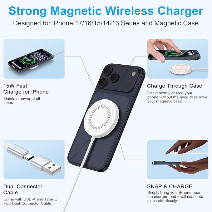 Wireless Charger for Samsung Fast Charging Pad Magnetic Wireless Charger for Samsung Galaxy S26 Ultra S26+ S25 Ultra S24FE,15W Magsafe Charger USB-C/A for iPhone 17 Pro Max 17 Air 16 Plus 16e 15 14 13