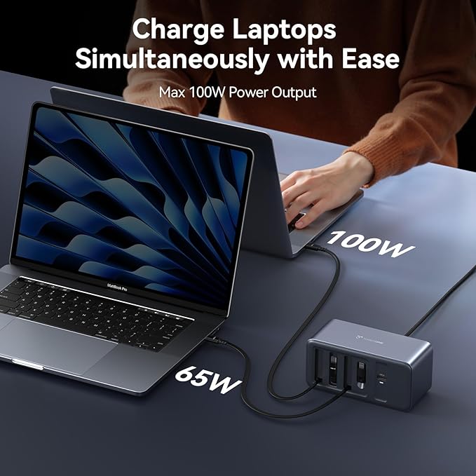 TobenONE 165W USB C Charging Station with Built-in Retractable Cable(2.3ft) & Lightning Adapter, 3 USB C, 1 USB A, 100W Desktop Fast Charging for MacBook, iPhone 17, iPad, Samsung, Home, Office