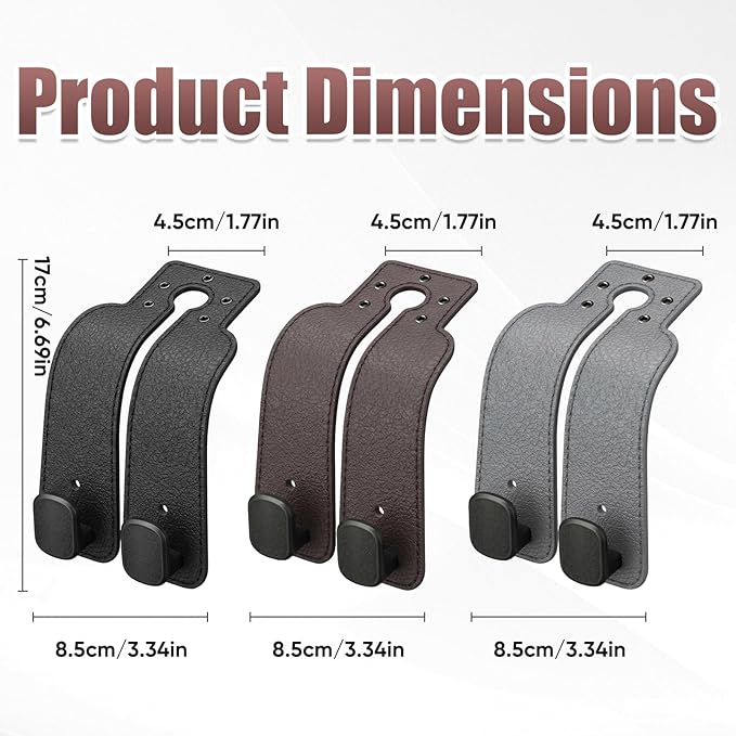 3Pcs Headrest Hooks for Car, Car Purse Hook, Double Leather Car Seat Back Storage Hook for Handbags Purses Bags (3 Color)