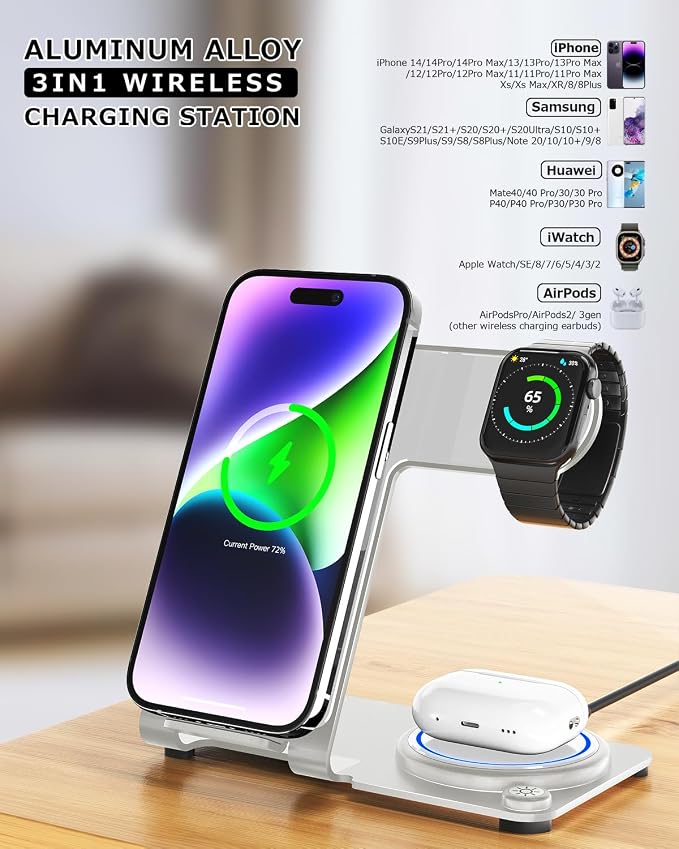 Wireless Charger, Aluminum Alloy 3 in 1 Wireless Charging Station for Apple iPhone/iWatch/Airpods,iPhone15 14,13,12,11 (Pro, ProMax)/XS/XR/XS/X/8(Plus),iWatch8/7/6/SE/5/4/3/2,AirPods 3/2/pro