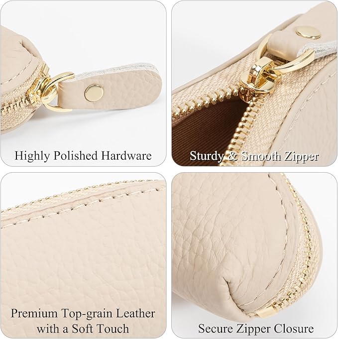 Full Grain Leather Coin Pouch - Travel Small Coin Purse with Zipper - Mini Key Pouch Change Purse for Women and Men (Off White)