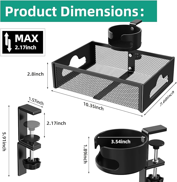 Desk Cup Holder with Drawer Organizer, Anti-Spill Clip-On Table Cup Hook with 360° Rotation Hidden Storage Box for Office Home Gaming Table (Black)