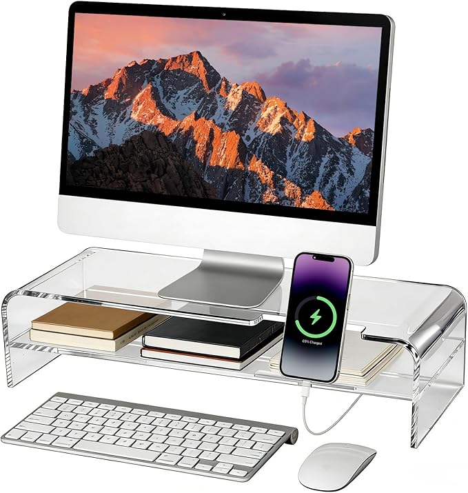 Larger Acrylic Monitor Stand - 20 inch 2 Tier Riser for iMac, PC, Desktop, Laptop, TV with Storage Shelf, Home Office Desk Organizer (20in with phone holder)