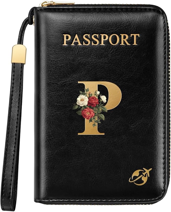 Passport Holder for Travel Wallet Women Zipper Wallets Personalized Passport Holder Cover Initial Letter Rose Flower Passport Book Holders RFID Blocking Credit Card Holder, P