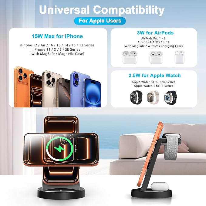 3-in-1 Magnetic Wireless Charger Stand for Apple, 15W Fast Charging Station for iPhone 17 16 15 14 13 Pro Max, AirPods, Watch-Desktop Stand with Sleep-Friendly Light, Ideal for Bedside & Desk