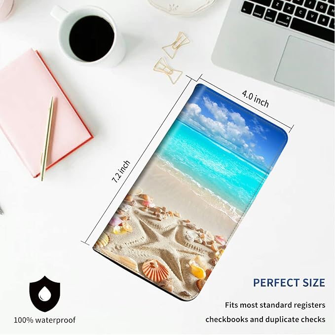 DEGDFSGR Checkbook Cover - Premium Leather Standard Duplicate Register Check Card Book Holder Wallet with RFID Blocking Function for Men and Women, Blue Sky Beach