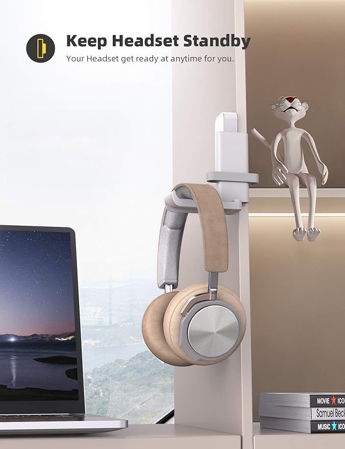 Lamicall Headphone Stand, Sticky Headset Hanger - 360 Degree Rotation Earphone Adhesive Hook Holder Mount, Table Headphone Stand with Cable Organizer, Headset Clamp for HyperX, Sennheiser -White
