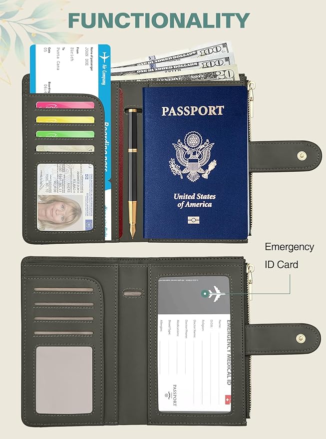 Passport Holder for Travel, Leather Passport Wallet with Airtag Slot, RFID Blocking Travel Wallet for Women Men, Passport Cover with Air Ticket Card Cash Coin Pocket, Travel Essentials Gift
