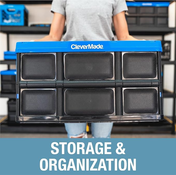CleverMade Collapsible Storage Bins 62L (3-Pack) – Heavy Duty Collapsible Plastic Storage Bins, Large Stackable Folding Storage Bins for Garage, Car, Grocery & Home Organization - Obsidian