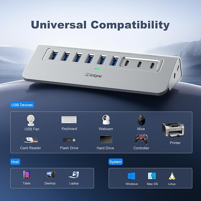 Powered USB Hub 10Gbps, intpw 9-Port USB 3.2 Hub, USB C with USB A/USB 3.2 Hub, 4 USB 3.0, 2 PD 45W Charging Port, 65W Power Adapter and 3.3FT Cable, Aluminum USB Hub for PC/Laptop, iPhone 17/16/15