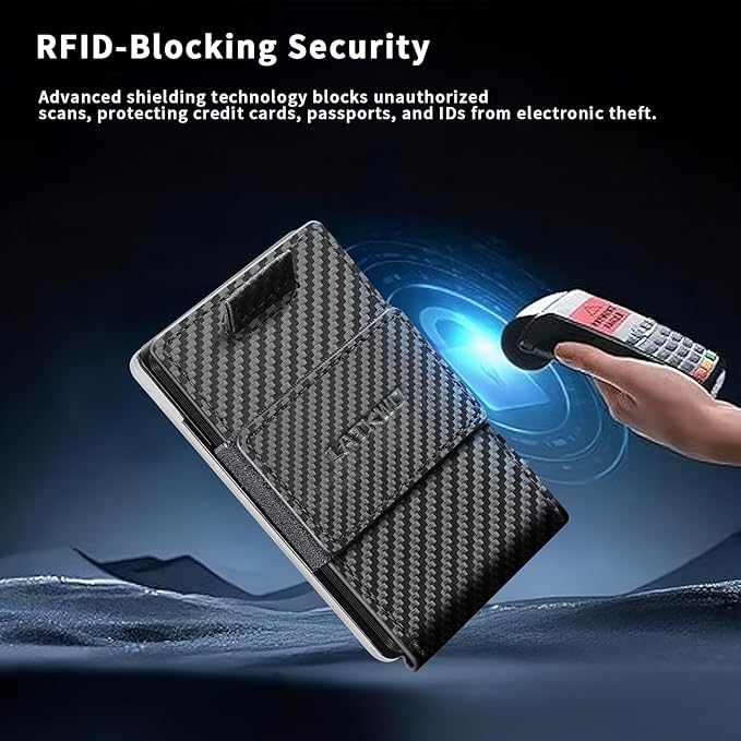 Wallet for Men Slim Pull Tab Metal RFID Blocking Credit Card Holder with ID Window & Cash Strap - Compact Front Pocket Design Holds 1-10 Cards (3.62x2.36x0.47in) (Carbon)