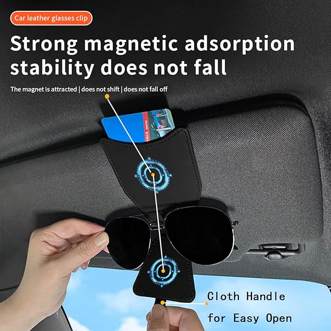 2 Pack Universal PU Leather Car Visor Sunglasses Holder Magnetic Clip for Eyeglasses and Cards One-Handed Access Organizer Fits Most of Car SUV Trucks Pickup Interior Accessories (Black - 2pcs)