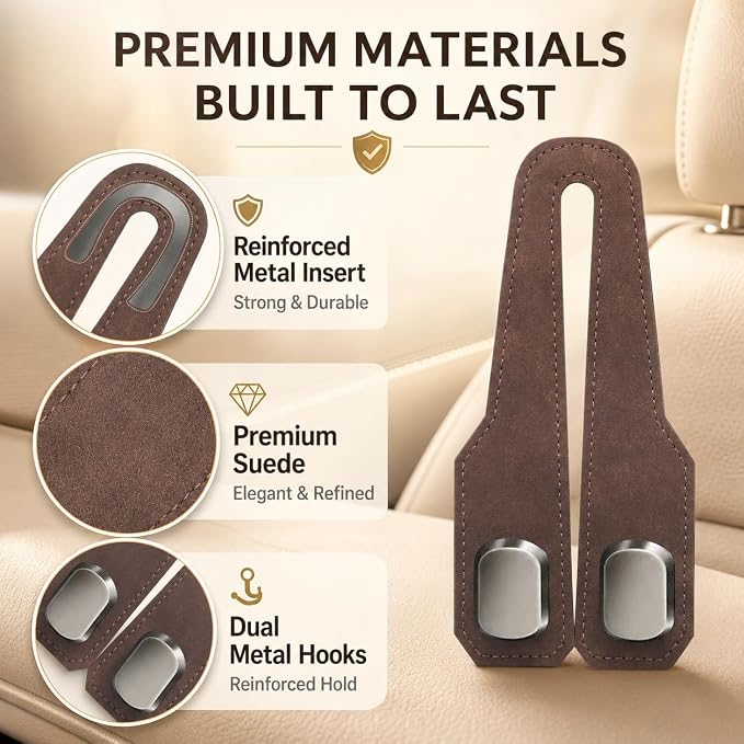 4Pcs Car Headrest Hooks with Premium Leather, Upgraded Double Metal Hooks with Anti-Drop Design, Universal Back Seat Hanger for Bags, Coats, Purses and Groceries (Stylish Brown)