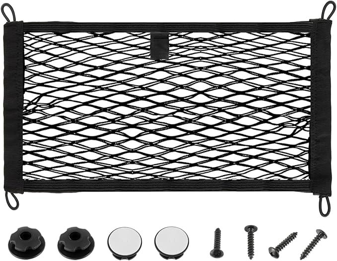 23.6'' x 9.8'' Universal Elastic Cargo Net Pocket with Screws & Hooks for Trunk RV Boats Home Cargo Storage – Keeps Items Secure & Organized(1 Pack)