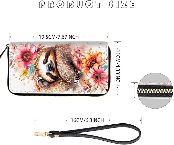 Women's RFID Blocking Zip Around Wallet with Detachable Wrist Strap, Large Capacity Credit Card Holder Organizer for Everyday Use,Cute Sloth Flower