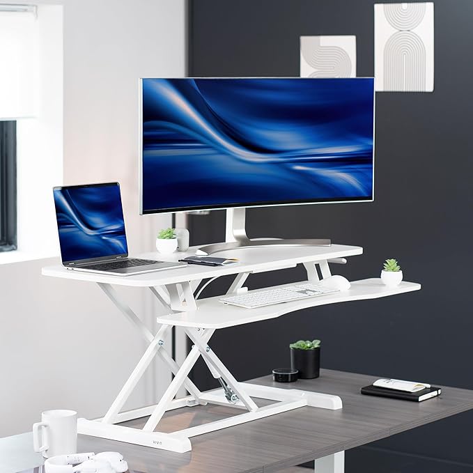 VIVO 42 inch Desk Converter, K Series, Height Adjustable Sit to Stand Riser, Dual Monitor and Laptop Workstation with Wide Keyboard Tray, White, DESK-V042KW