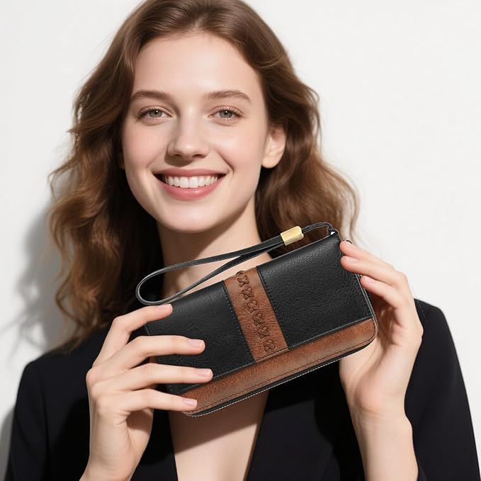 GOIACII Wallet for Women Ladies Wristlet Long Purse Zip Around Clutch RFID Blocking Vegan Leather
