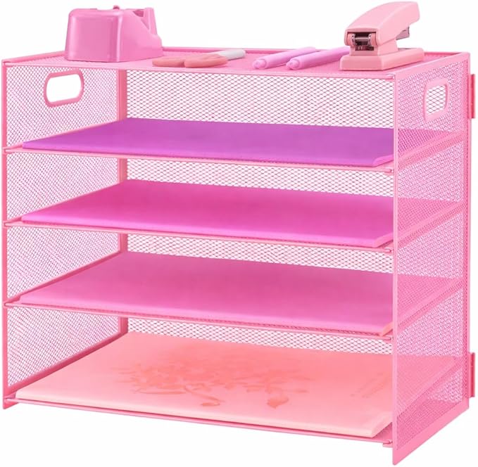 5 Tier Lettrer Tray Organizer, Metal Mesh Desk File Organizer with Sliding Trays, Paper Sorter Desk Organizer for Home Office School, Pink