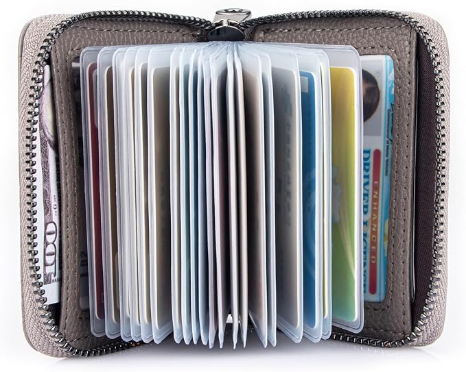 Suweibuke Genuine Leather Credit Card Holder Zipper Wallet RFID Blocking Secure Card Case ID Case Organizer (Grey)