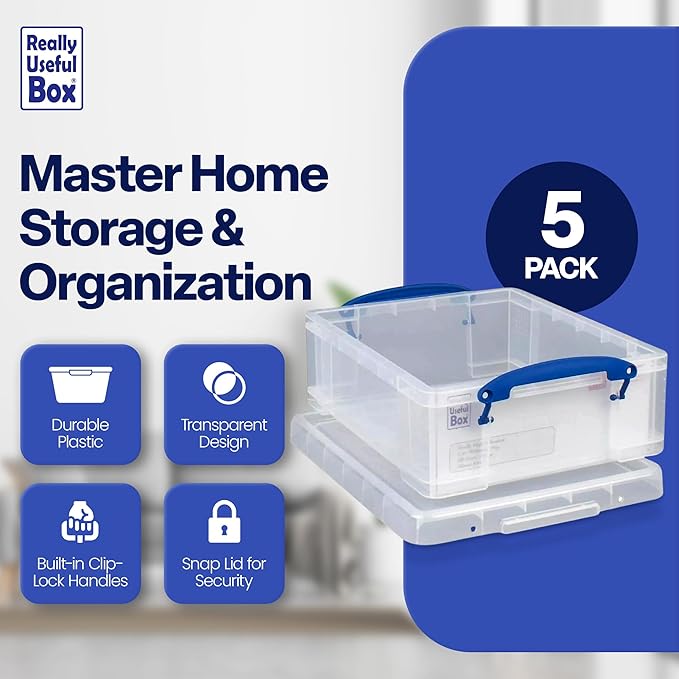 Really Useful Box Stackable 8.1 Liter Plastic Storage Container Bin with Snap Lid & Built-In Clip Lock Handles for Home & Office Organization (5 Pack)