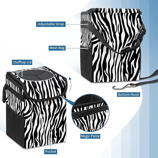 Car Trash Can Leopard Print Zebra Skin Wate-rproof Auto Garbage Bag Car Trash Can with Lid Leak-Proof Car Storage Bag Hanging for Headrest Collapsible and Portable with Storage Mesh Pocket