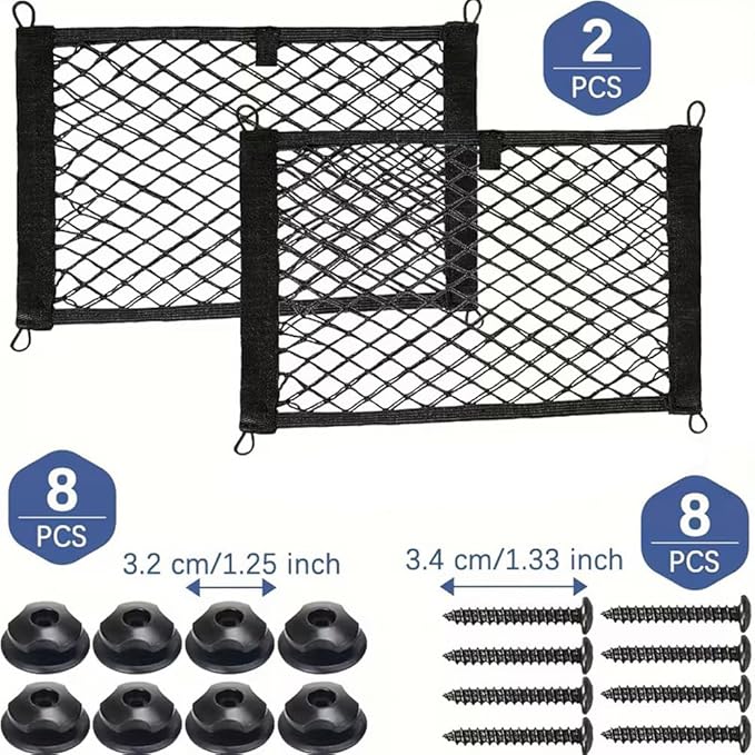 2 Pcs Small Cargo Net, Trunk Storage with Screws and Hooks, Elastic Net Bag for Car, RV, Boat (22in×9.8in)