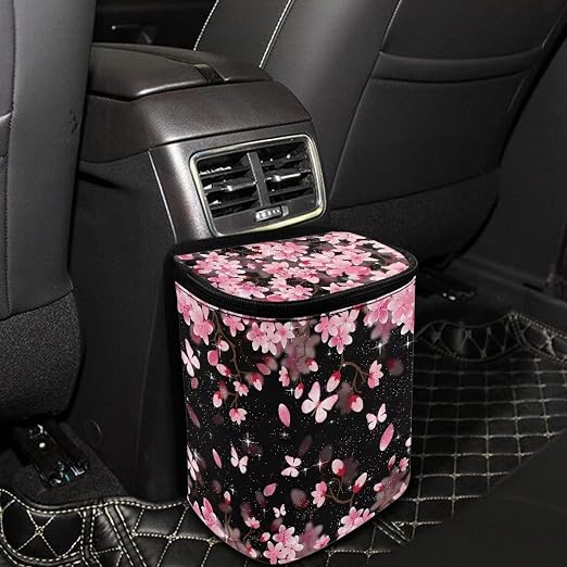 Biyejit Car Trash Can with Lid Collapsible Reusable Waterproof Car Garage Bag, Automotive Garbage Can, Car Accessories Interior Car Organizer with Adjustable Straps, Cherry Blossom Butterfly