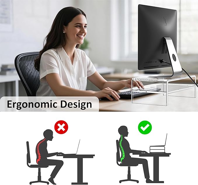 Egchi Clear Acrylic Monitor Stand Riser 2 Tier, 5.12 Inches High Clear Computer Desk Organizer Shelf for Multi Media PC Storage Laptop