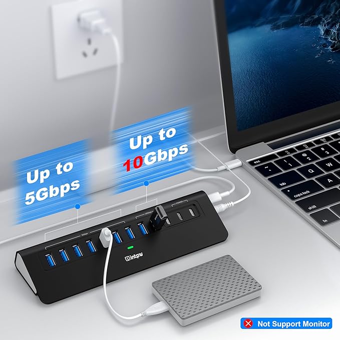 Powered USB Hub 10Gbps, intpw YH9AC 12-Port USB C Hub with 10Gbps USB C 3.2, 2 USB A 3.2, 7 USB 3.0, 2 PD 45W Charging Port, 65W Power Adapter + 3.3FT Cable, Aluminum USB Hub for Laptop/iPhone16/15/PC