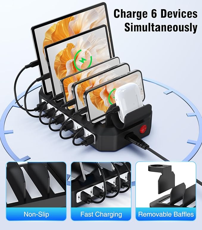 Charging Station for Multiple Devices: 6 Port USB Charger Stations - Family Multi-Device Organizer Charging Dock - Safer Designed for iPhone iPad Android Cell Phone Tablet(6 Cables Included)