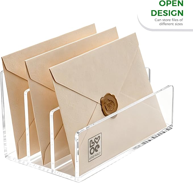 Lovemolly 3-Slot Clear Acrylic Mail Holder – Vertical Letter Sorter & Desk Organizer for Bills, Envelopes & Notebooks, Compact 6.88 x 4.05 x 4.05 in
