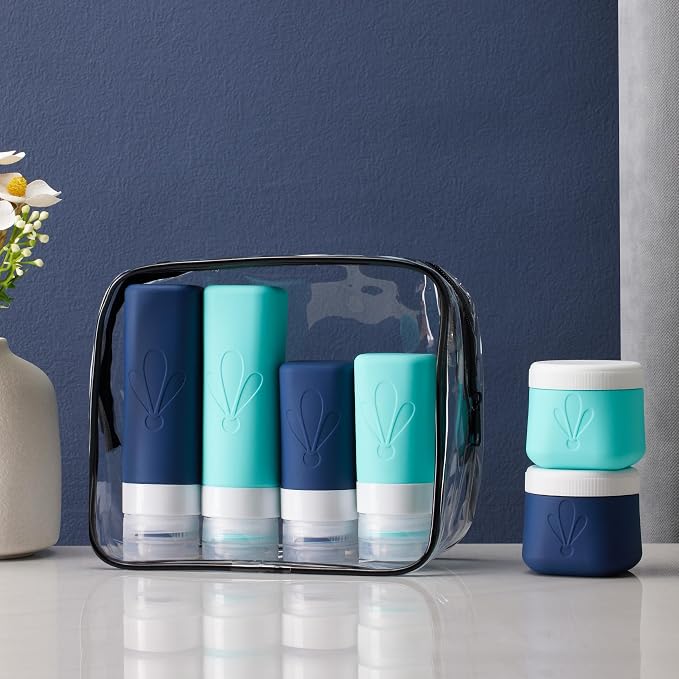 INSFIT travel bottles for toiletries 6 Pack, Leak proof Travel Size Toiletries Containers with toiletry bag, Squeezable Silicone Bottles & Cream Jars, Travel Essentials BPA-Free set for Shampoo