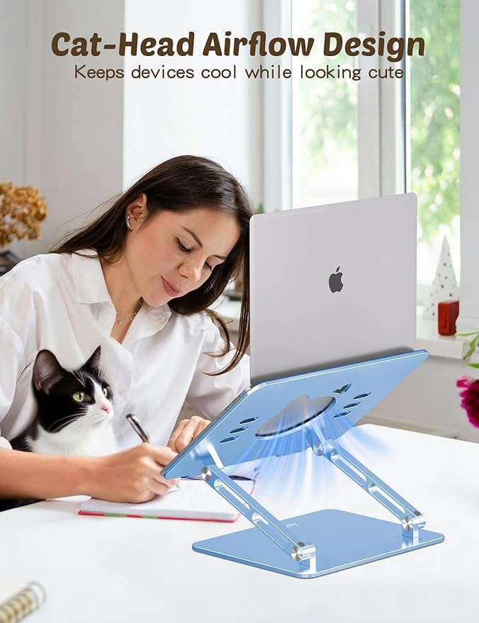 Aoviho Laptop Stand for Desk ??Adjustable Aluminum Laptop Riser with Unique Cat-Shaped Cooling Vent, Portable Desk Gift & Decor, Compatible with MacBook Air Pro, Dell, HP, Lenovo (10"-17.3"), Sky Blue