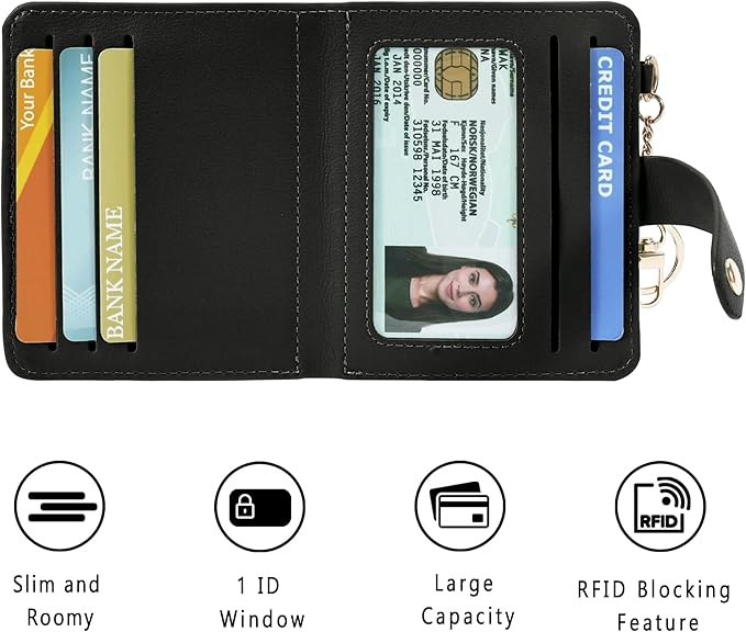 Airkit Small Wallets Woman RFID Blocking Leather Credit Card Holder - with ID Window - Card Wallets for Women - with Zipper Coin Purse - Keychain Wallet