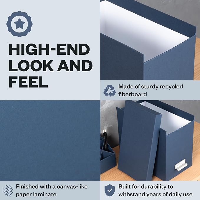 Bigso John Fiberboard Label Frame Desktop File Storage Box - Document Organizer for Important Paperwork - Durable Hanging File Box with a Lid & Metal Label Window - 7.36 x 13.38 x 10.51 in - Blue