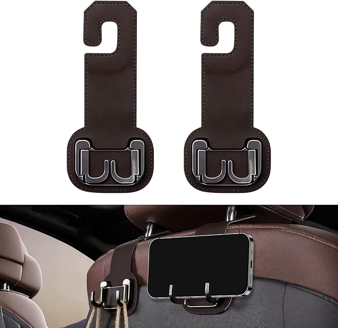 2 Packs Headrest Hooks for Car, Hidden Twinhook Leather & Metal Car Purse Holders, Universal Seat Back Storage Organizer Hanger for Purse Bag Handbags Phones, 2026 Car Seat Accessories (Brown)