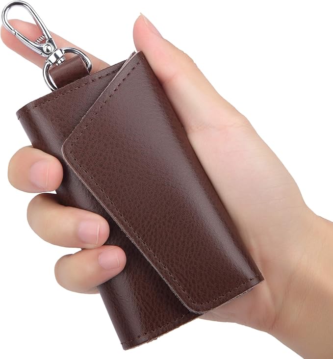 BAKUN Compact Leather Car Key Case, Key Holder Key Organizer Wallet, With 6 Hooks(Brown)